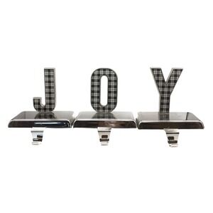 Silver Metal 'JOY' Black‎ & White Checker Stocking Hangers Hooks Shelf Mantel